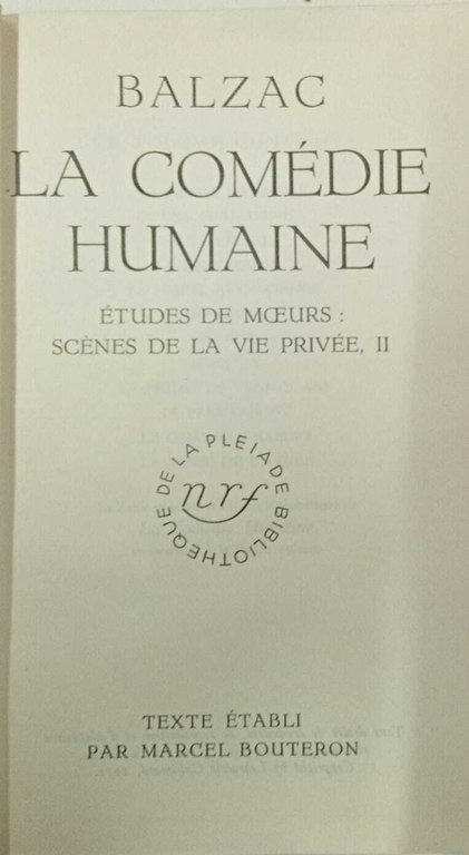 La comédie humaine (vol.II) Biblioteque La Pleiade