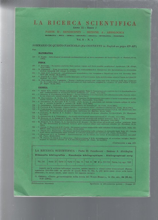LA RICERCA SCIENTIFICA, parte II RENDICONTI. Sezione A: Abiologica