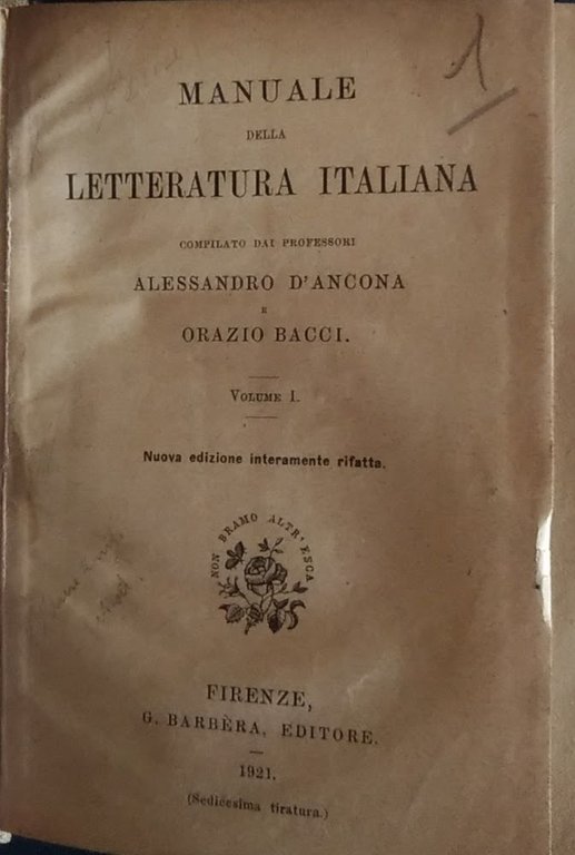 Manuale della letteratura italiana. Volume I