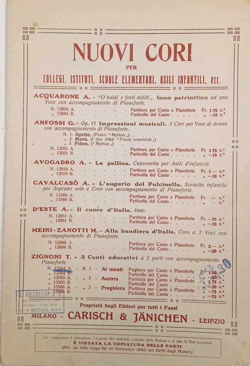 Nuovi Cori per collegi, istituti, scuole elementari, asili infantili, ecc.