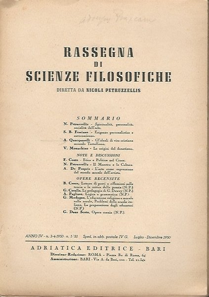 RASSEGNA DI SCIENZE FILOSOFICHE. ANNO IV N. 3-4 1950 N.1 …