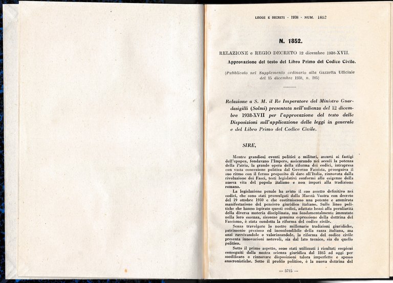 Relazione e Regio decreto 12 Dic. 1938-XVII N.1852