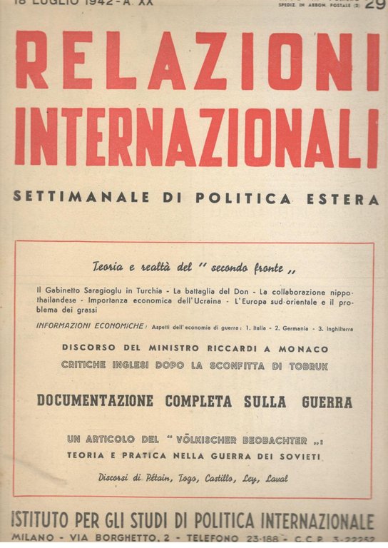 Relazioni Internazionali: settimanale di politica estera. Documentazione completa sulla guerra …