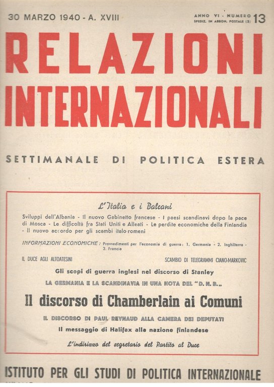 Relazioni Internazionali: settimanale di politica estera. Il discorso di Chamberlain …