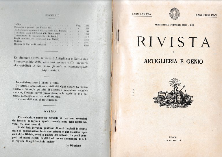 Rivista di Artiglieria e Genio. 69^ annata, fascicolo IX-X, Settembre-Ottobre …
