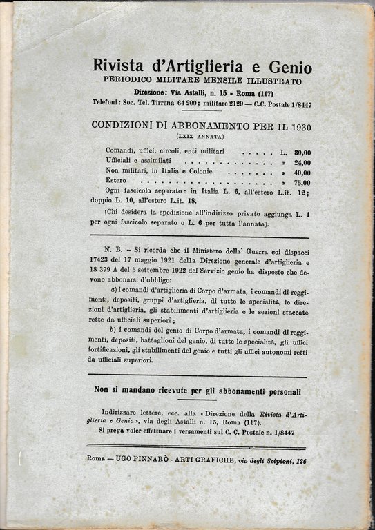 Rivista di Artiglieria e Genio. 69^ annata, fascicolo IX-X, Settembre-Ottobre …