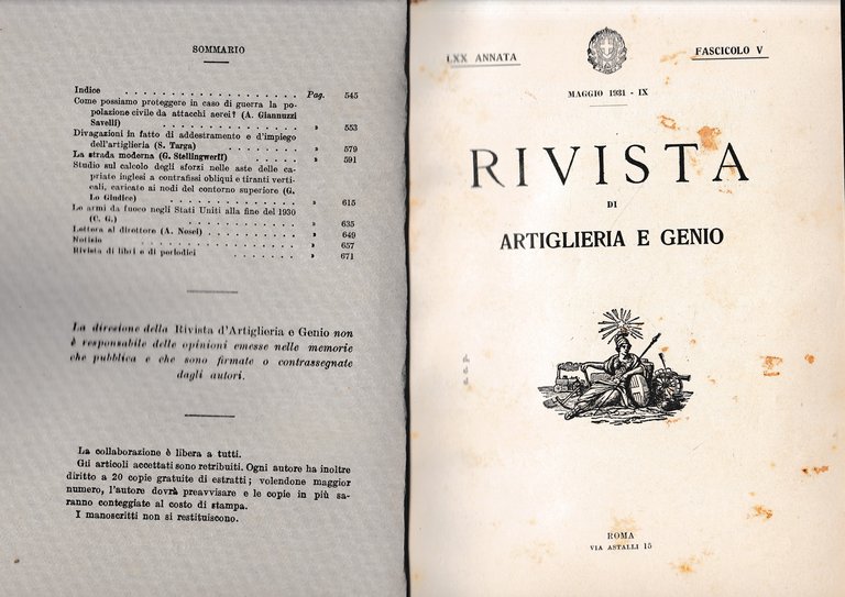 Rivista di Artiglieria e Genio. 70^ annata, fascicolo V, Maggio …