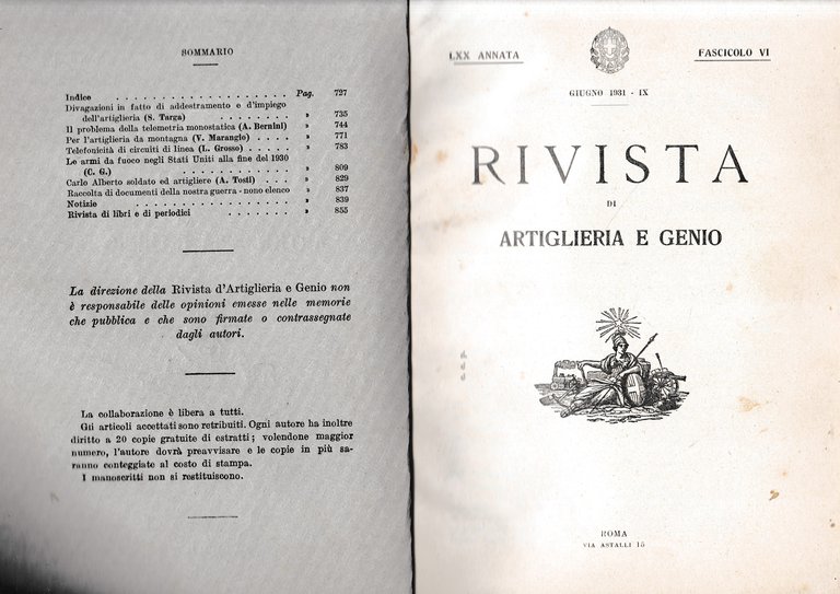 Rivista di Artiglieria e Genio. 70^ annata, fascicolo VI, Giugno …