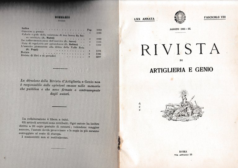 Rivista di Artiglieria e Genio. 70^ annata, fascicolo VIII, Agosto …