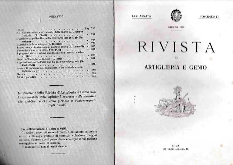 Rivista di Artiglieria e Genio. 71^ annata, fascicolo VI, Giugno …