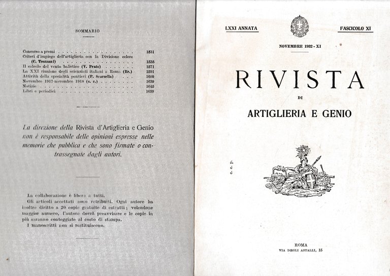 Rivista di Artiglieria e Genio. 71^ annata, fascicolo XI, Novembre …