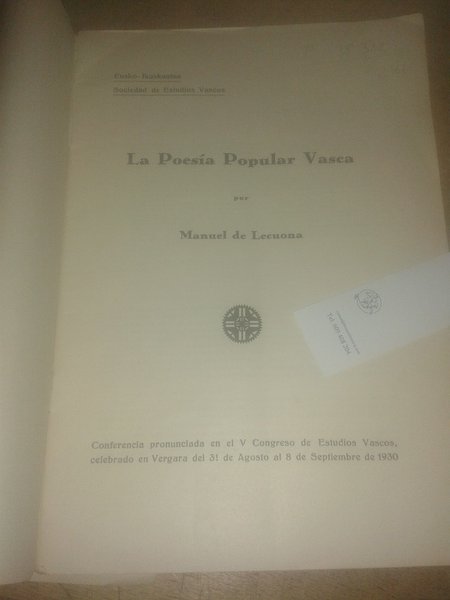 LA POESIA POPULAR VASCA por --- Conferencia pronunciada en el …
