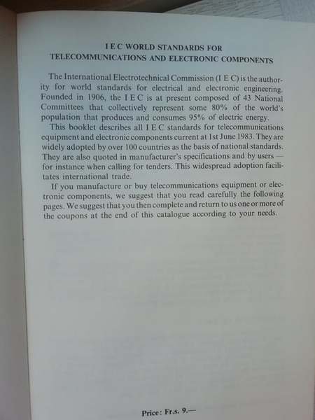 Telecommunications and electronic components, IEC CATALOGUE OF STANDARDS 1984