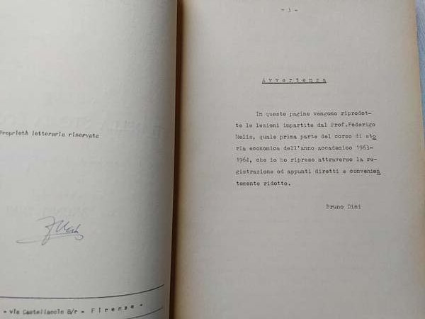 Sulle fonti della Storia Economica, appunti delle lezioni, a.a. 1963-64