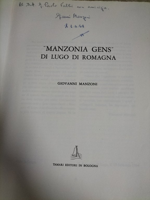 MANZONIA GENS di Lugo di Romagna Giovanni Manzoni TAMARI EDITORI