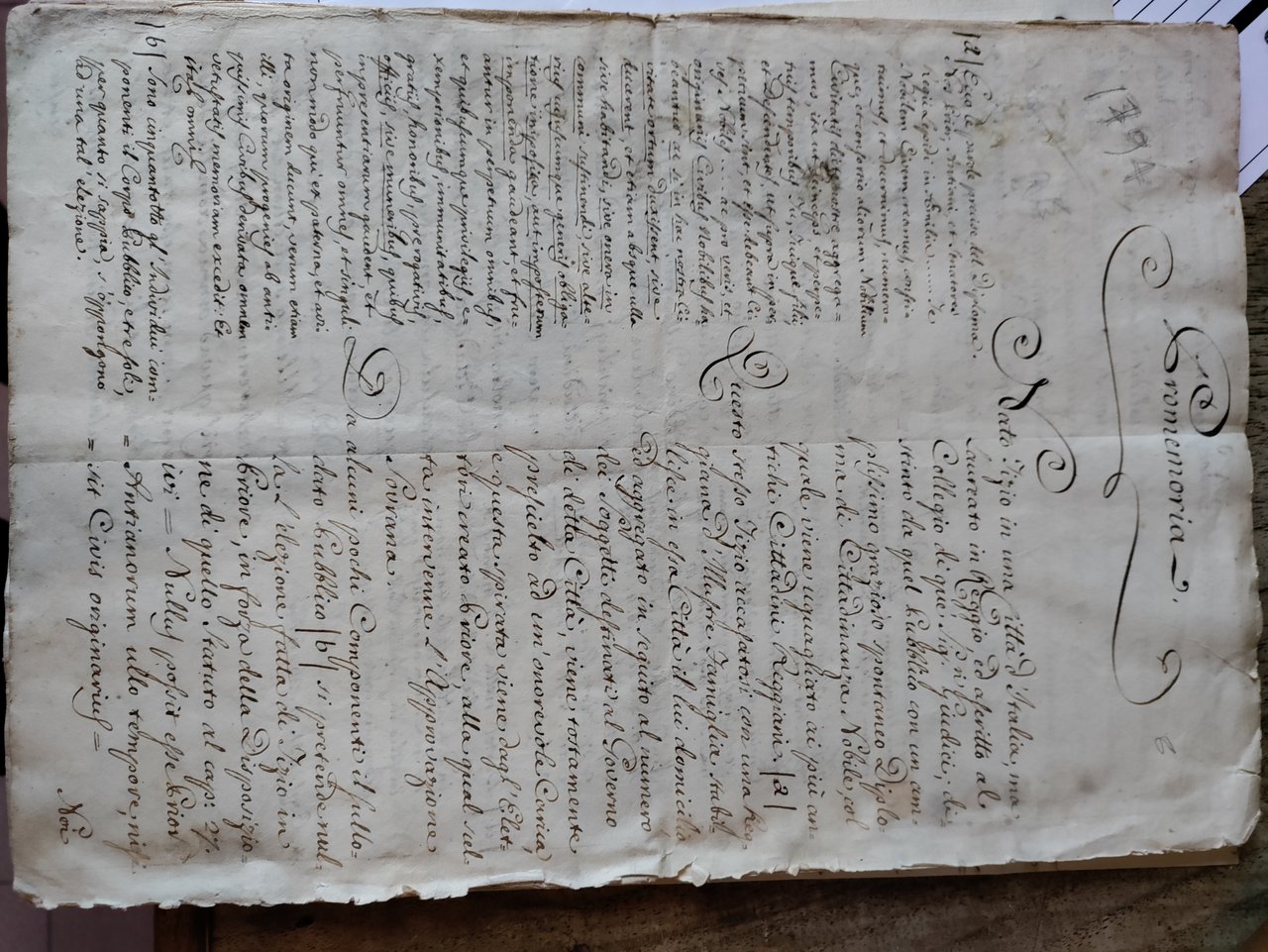 Promemoria manoscritt0 di carattere legale datato presumibilmente anno 1794. Zone …