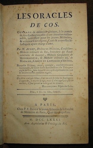 Les oracles de Cos. Ouvrage de médicine clinique.