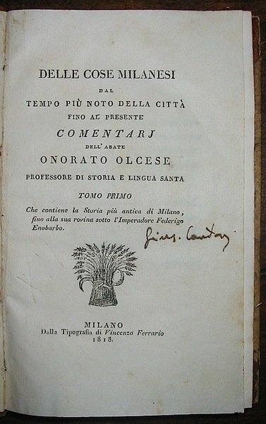 Delle cose milanesi dal tempo più noto della città fino …