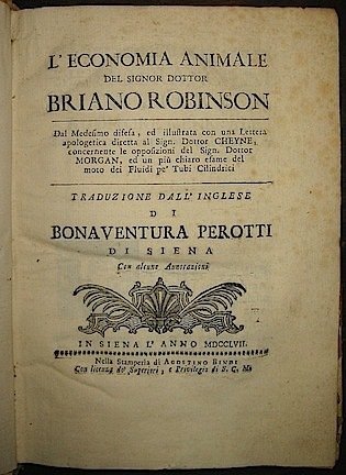 L’economia animale. traduzione dall’inglese di Bonaventura Perotti di Siena con …