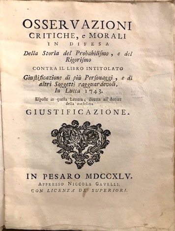 Osservazioni critiche, e morali in difesa della storia del Probabilismo, …