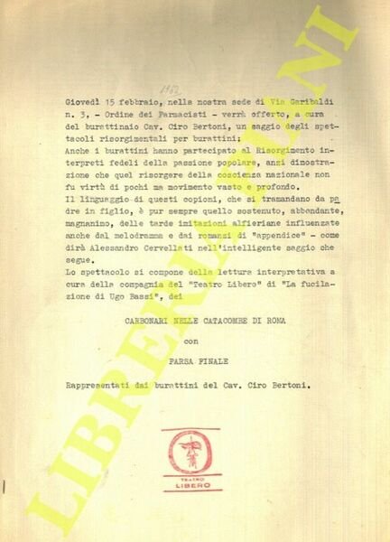 Carbonari nelle catacombe di Roma con farsa finale. Rappresentati dai burattini del Cav. Ciro Bertoni.