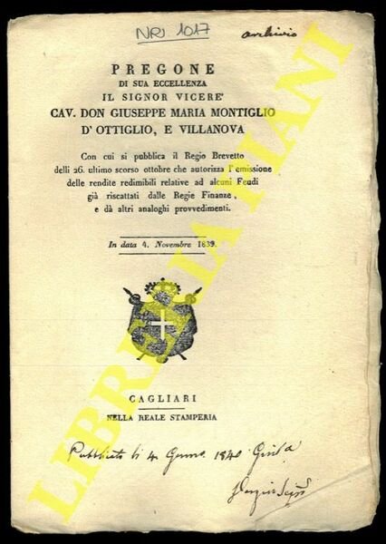 Pregone con cui si pubblica il Regio Brevetto delli 26 …