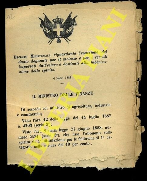 Decreto Ministeriale riguardante le'senzione del dazio doganale per il melasso …