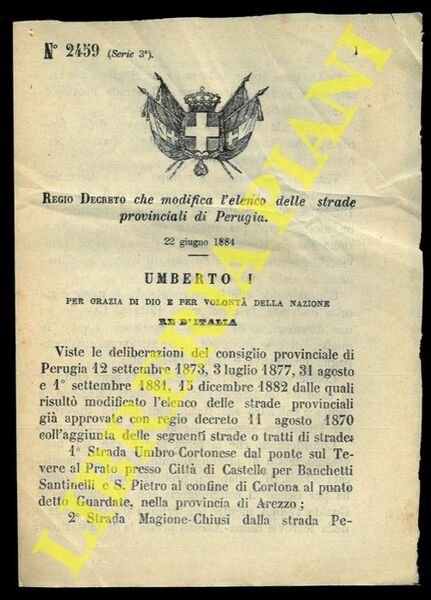 Regio Decreto che modifica l'elenco delle strade provinciali di Perugia.