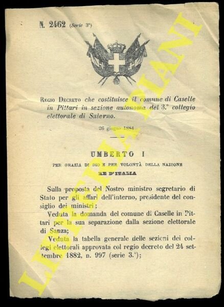 Regio Decreto che costituisce il comune di Caselle in Pittari in sezione autonoma del 3°collegio elettorale di Palermo.