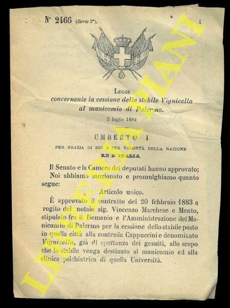 Legge concernente la cessione dello stabile Vignicella al manicomio di Palermo.