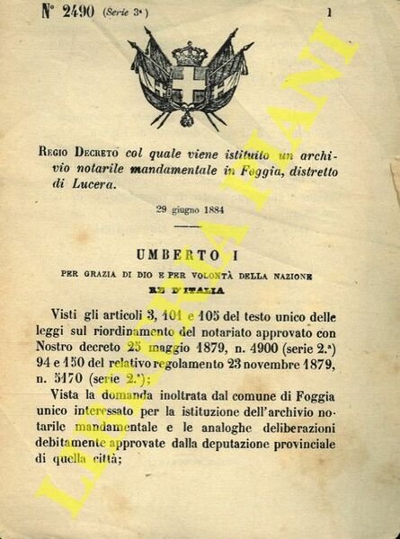 Regio Decreto col quale viene istituito un archivio notarile mandamentale …