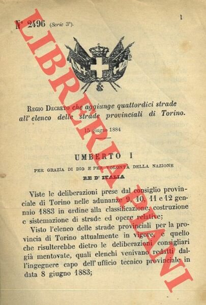 Regio Decreto che aggiunge quattordici strade all'elenco delle strade provinciali …