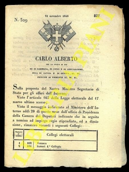 Regio Decreto in merito ai collegi elettorali di Vanasca e Sassari.