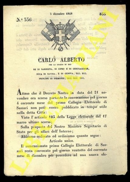 Regio Decreto in merito alla convocazione del Collegio elettorale di Sassari.