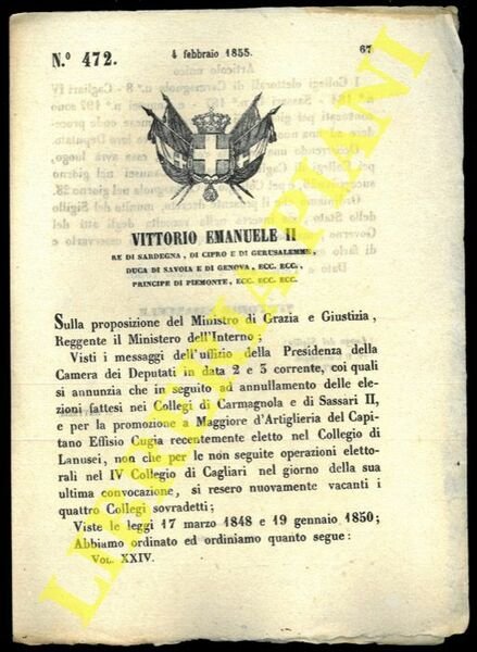 Decreto che convoca i Collegi elettorali di Carmagnola, Sassari e Lanusei.