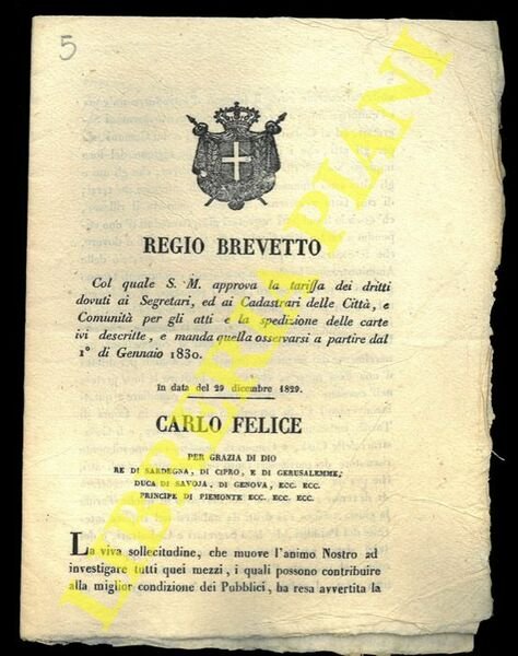 Regio Brevetto col quale S.M. approva la tariffa dei diritti …