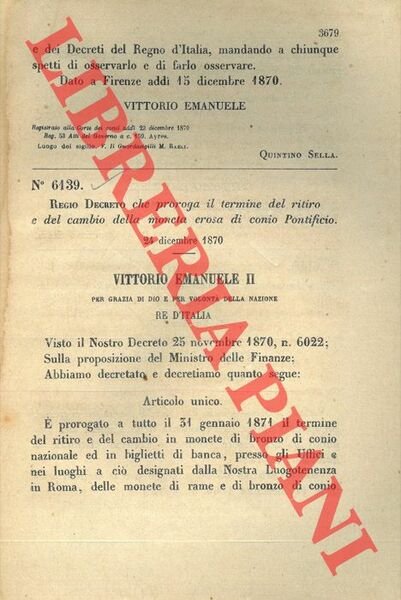 Regio Decreto che proroga il termine del ritiro e del …