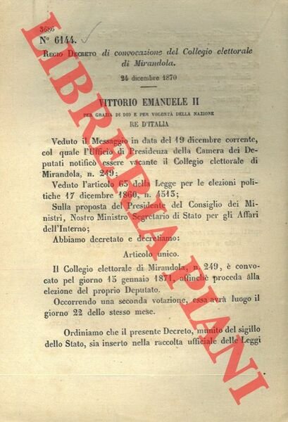 Regio Decreto di convocazione del Collegio elettorale di Mirandola.