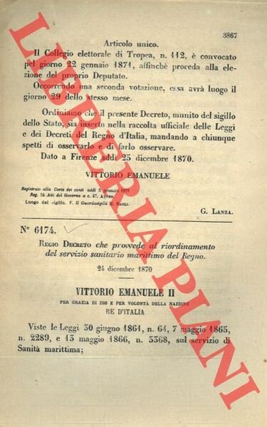 Regio Decreto che provvede al riordinamento del servizio sanitario marittimo …