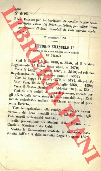 Regio Decreto per la iscrizione di rendite 5 per cento …