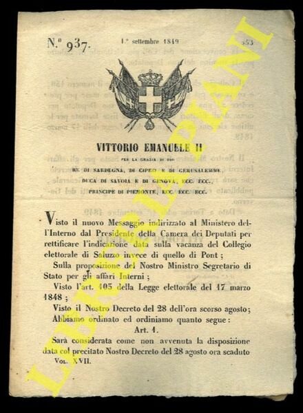 Regio Decreto in merito ai collegi elettorali di Saluzzo e …