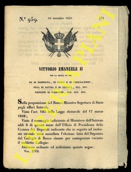 Regio Decreto in merito al collegio elettorale di Recco.