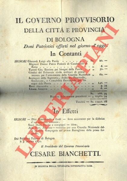 Doni Patriottici offerti nel giorno d'oggi. (Gherardi Luigi, Mignani Pietro, Tattini Gio.Battista, Berti Alessandra, Chiesa Ginevra, Succi Egidio, )Aria Antonio, Ditta Bontempelli e Lodi).