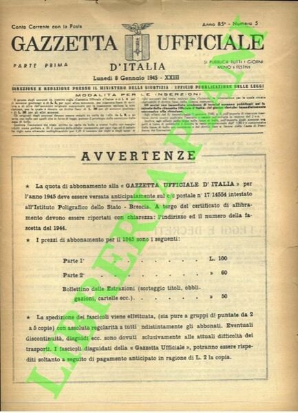 Gazzetta Ufficiale. Anno 85° Numero 5.