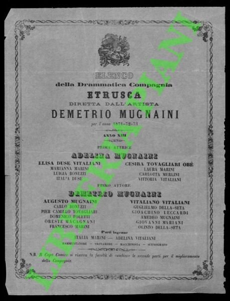 Elenco della Drammatica Compagnia Etrusca diretta dall'Artista Demetrio Mugnaini.
