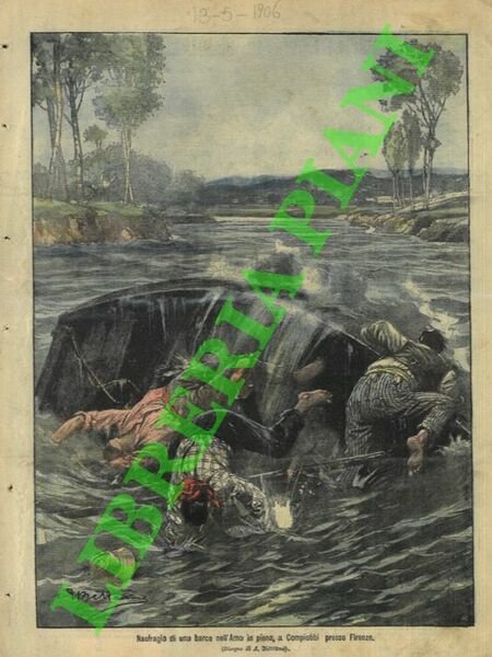 Barca naufraga nell'Arno in piena a Campiobbi presso Firenze.