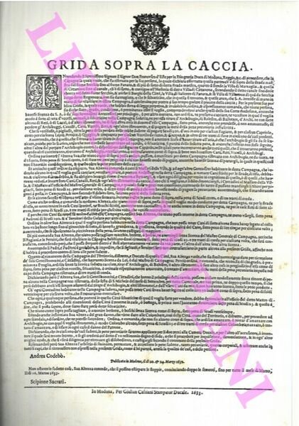 Grida Generale sopra la Caccia. Date dal Duca di Modena e Reggio 1633 - 1773.