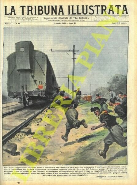 Sulla linea Foggia-Napoli un treno merci si spezzava in due. Mentre l'anteriore proseguiva la marcia, quella posteriore cominciava a retrocedere per la linea in pendenza, acquistando notevole velocità. Un gruppo di Giovani Fascisti di Savignano Greci, di ritorno da una adunata, si lanciavano all'inseguimento dei carri in fuga e, raggiuntili, vi balzavano sopra riuscendo a fermarli mediante l'azione dei freni a mano.