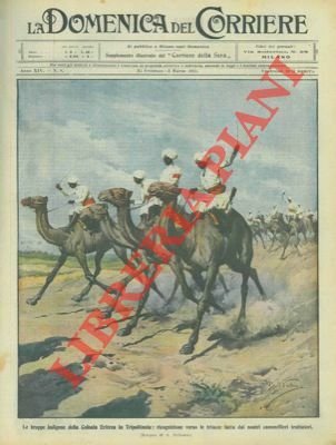 Le truppe indigene della Colonia Eritrea in Tripolitania durante una ricognizione con i cammelli trottatori.