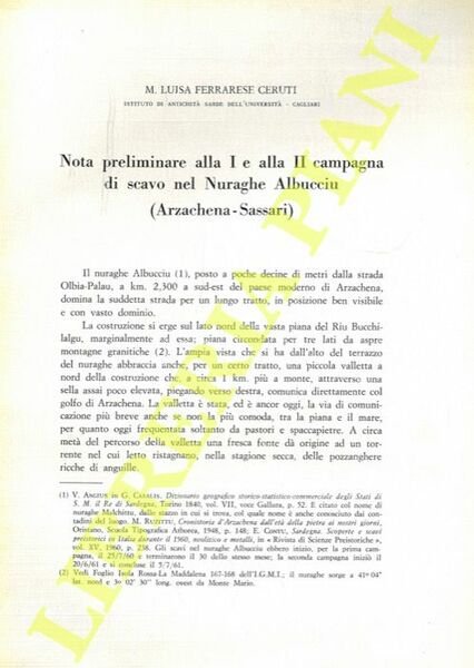 Nota preliminare alla I e alla II campagna di scavo nel Nuraghe Albucciu (Arzachena-Sassari) .